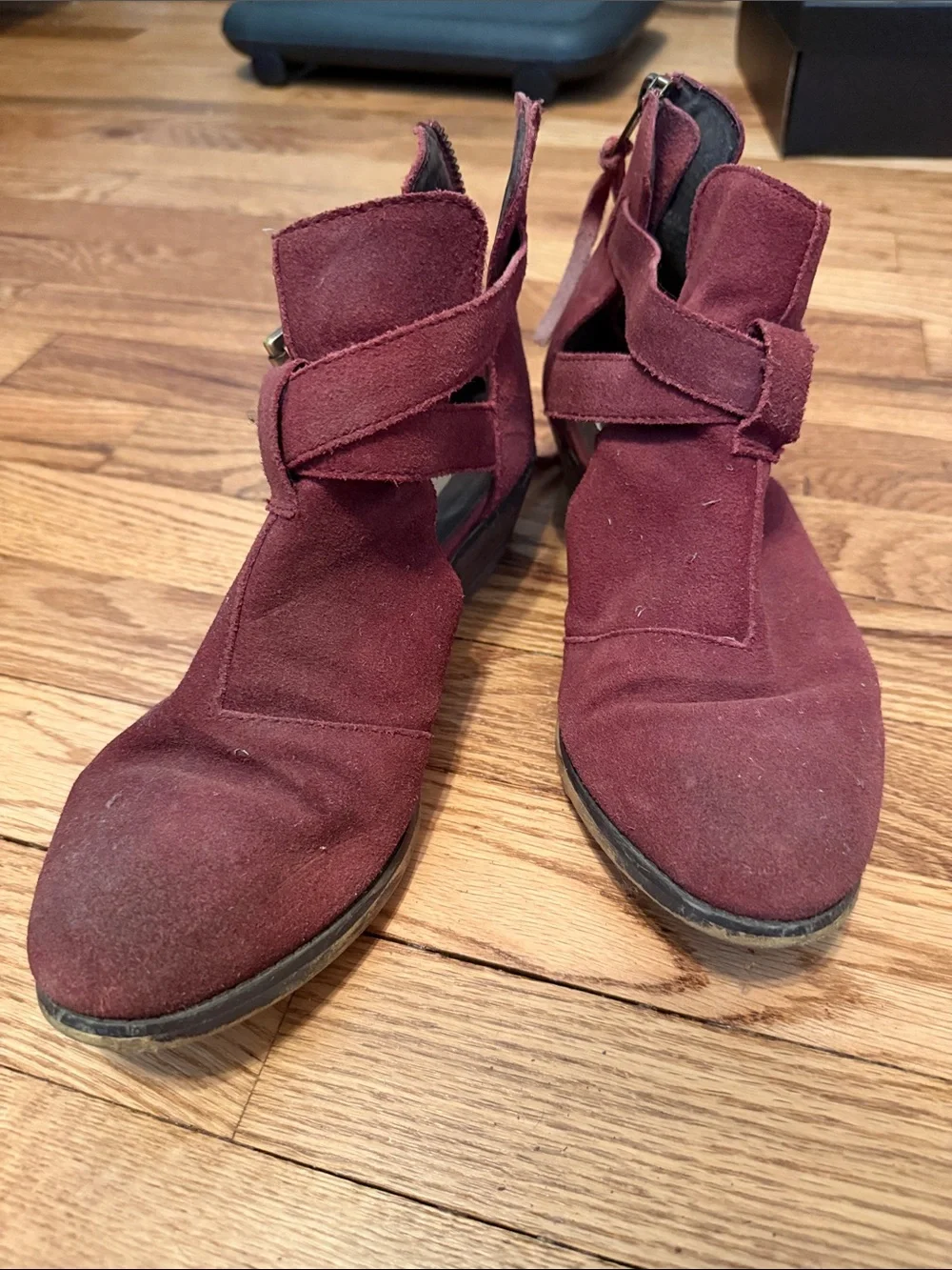 Steve Madden Burgundy Suede Cutout Ankle Booties with Buckle Accents